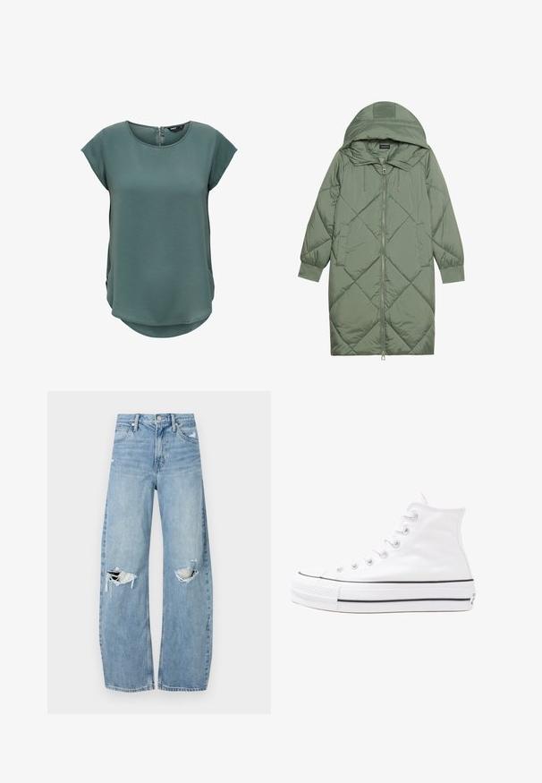 Pistetud pikk roheline puffermantel kapuutsiga, esiküljel tõmblukuga ja kahe küljetaskuga. Kogu pinnal on struktureeritud rombikujundus.; Roheline lühikese varrukaga topp, mis on valmistatud tekstuursest kangast. Omab ümmargust kaelust ja diskreetset tõmbluku sulgemist taga, kergelt kaarduv alläär.; Heledad hallideega sinised teksad, millel on kõrge talje. Teksade jalgadel on lai alus, kaks rebitud kohta põlvede ümber ning klassikaline viie tasku stiil.; Valge kõrgem kangast tenniseking, millel on must kummist tald, ees kummist varvasetugi ja kuus aukku paelte jaoks, pakkudes puhta ja minimalistliku disaini.