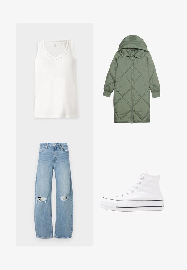 Quilted long green puffer coat with a hood, featuring a front zipper closure and two side pockets. Textured diamond pattern throughout.; White sleeveless tank top with a V-neckline, made of soft fabric, featuring subtle ribbed detailing along the neckline and hem.; Light blue, high-waisted jeans made of denim. Feature wide legs, two torn knee areas, and classic five-pocket styling.; White high-top canvas sneaker with black rubber sole, front rubber toe cap, and six eyelets for laces, featuring a clean, minimalist design.