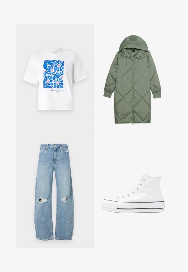 Quilted long green puffer coat with a hood, featuring a front zipper closure and two side pockets. Textured diamond pattern throughout.; White cotton t-shirt featuring a blue floral pattern and pink accents. Text at the bottom reads “bloom as you are.” Short sleeves, relaxed fit.; Light blue, high-waisted jeans made of denim. Feature wide legs, two torn knee areas, and classic five-pocket styling.; White high-top canvas sneaker with black rubber sole, front rubber toe cap, and six eyelets for laces, featuring a clean, minimalist design.