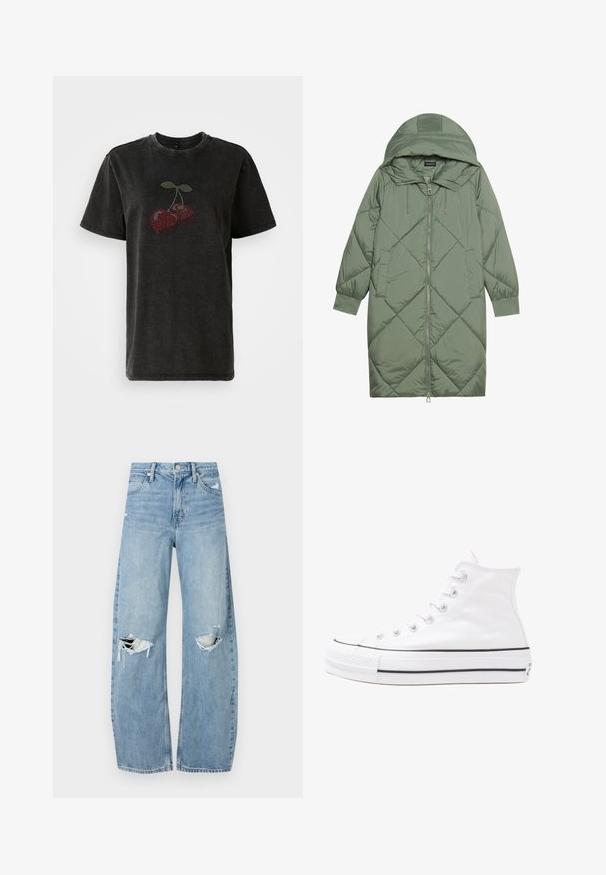 Casaco puffer longo verde acolchoado com capuz, apresentando um fecho frontal com zíper e dois bolsos laterais. Padrão texturizado em forma de diamante por todo o casaco.; T-shirt de algodão preto com um design de cereja feito de embellishments vermelhos e verdes. Manga curta, gola redonda e corte descontraído.; Jeans de lavagem clara, de cintura alta, feitos de denim. Apresentam pernas largas, duas áreas rasgadas nos joelhos e o estilo clássico de cinco bolsos.; Sapatilha alta de tela branca com sola de borracha preta, bico de borracha na frente e seis ilhós para os atacadores, apresentando um design limpo e minimalista.