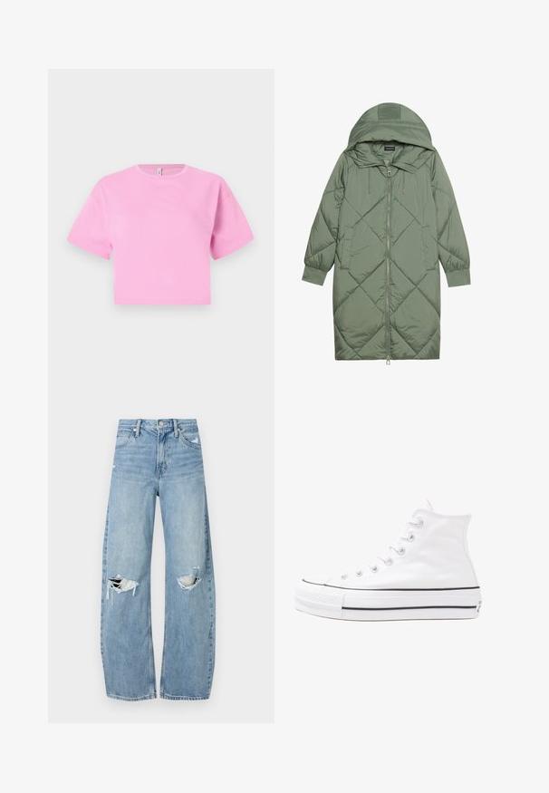 Puchowy, długi, zielony płaszcz z kapturem, z zamkiem błyskawicznym z przodu i dwoma bocznymi kieszeniami. Całość pokryta fakturowanym wzorem diamentowym.; Krótka różowa koszulka z bawełny o gładkim materiale, z okrągłym dekoltem i krótkimi rękawami. Prosty design, bez wzorów ani akcentów.; Jasnoniebieskie, wysokiej talii dżinsy wykonane z denimu. Posiadają szerokie nogawki, dwa podarte miejsca na kolanach oraz klasyczne pięć kieszeni.; Białe wysokie trampki z płótna z czarną gumową podeszwą, przednim czubkiem z gumy i sześcioma dziurkami na sznurowadła, charakteryzujące się prostym, minimalistycznym designem.