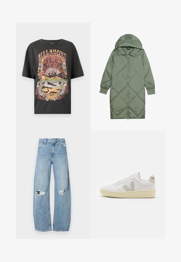 Gesteppten langer grüner Daunenmantel mit Kapuze, mit einem Reißverschluss vorne und zwei Seitentaschen. Strukturiertes Rautenmuster auf der gesamten Fläche.; Schwarzes Baumwoll-T-Shirt mit buntem Grafikdruck von Sonne, Bergen und Blumen. Lockere Passform mit kurzen Ärmeln und Rundhalsausschnitt.; Helles, hochtailliertes Jeans aus Denim. Hat weit geschnittene Beine, zwei aufgerissene Kniebereiche und klassischen Fünf-Taschen-Stil.; Weiße Ledersneaker mit beigen Wildlederakzenten, perforierte Zehenbox, flache Schnürsenkel und eine strukturierte cremefarbene Sohle. Mit dezentem Branding an der Ferse.