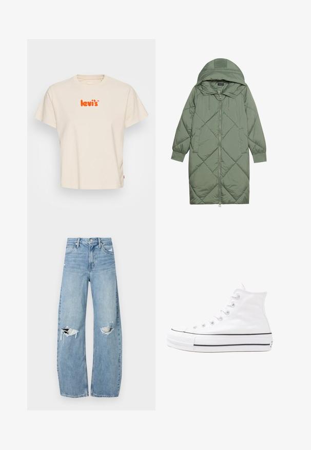 Quilted long green puffer coat with a hood, featuring a front zipper closure and two side pockets. Textured diamond pattern throughout.; Levi's® GRAPHIC CLASSIC TEE - Print T-shirt - chenille angora; Light blue, high-waisted jeans made of denim. Feature wide legs, two torn knee areas, and classic five-pocket styling.; White high-top canvas sneaker with black rubber sole, front rubber toe cap, and six eyelets for laces, featuring a clean, minimalist design.