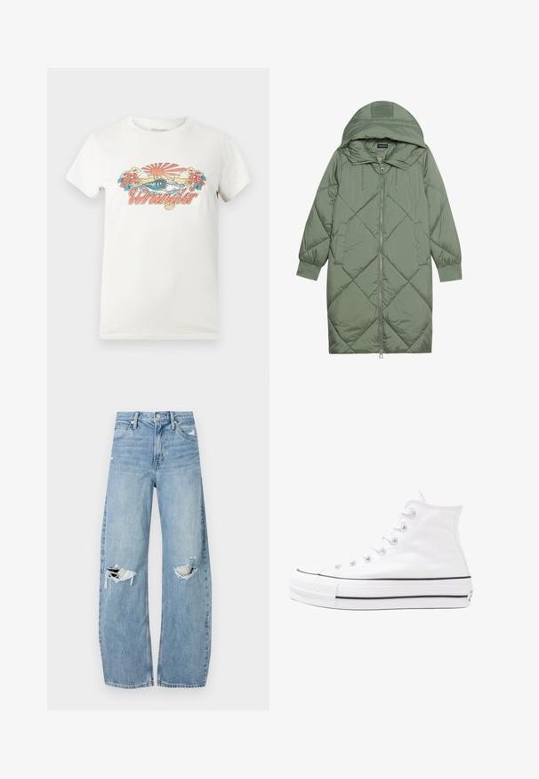 Casaco puffer longo verde acolchoado com capuz, apresentando um fecho frontal com zíper e dois bolsos laterais. Padrão texturizado em forma de diamante por todo o casaco.; T-shirt de algodão branco com um gráfico colorido apresentando um sol nascente, ondas e flores, exibindo em destaque o logo "Wrangler" em rosa.; Jeans de lavagem clara, de cintura alta, feitos de denim. Apresentam pernas largas, duas áreas rasgadas nos joelhos e o estilo clássico de cinco bolsos.; Sapatilha alta de tela branca com sola de borracha preta, bico de borracha na frente e seis ilhós para os atacadores, apresentando um design limpo e minimalista.
