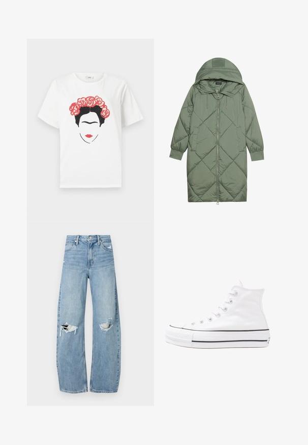 Izšūts garš zaļš pūšļa mētelis ar kapuci, ar priekšējo rāvējslēdzēju un divām sānu kabatām. Visā virsmā ir teksturēta dimanta raksts.; Balts kokvilnas T-krekls ar grafisku dizainu, kurā attēlots seja ar melniem matiem un ziedu vainagu, kas sastāv no sarkanām rozēm, sarkanām lūpām un vienkāršas līniju mākslas.; Gaiši zili, augstās vidukļa džinsi, kas izgatavoti no denima. Iespējas plašas kājas, divas plēstas ceļa daļas un klasiskā piecu kabatu dizains.; Balti augstie kanvas sporta apavi ar melnu gumijas zoli, priekšējo gumijas purngalu un sešām acīm lencēm, kuriem ir tīrs, minimālistisks dizains.