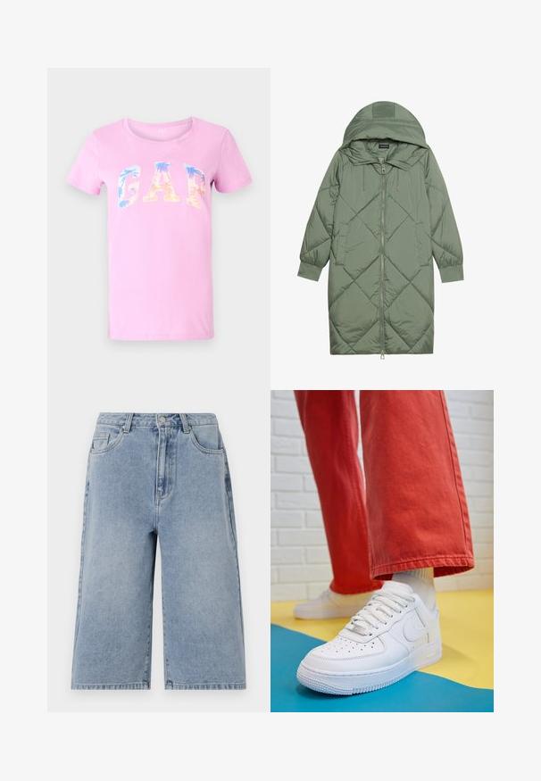 Quiltuotas ilgas žalias pūkinis paltas su kapuce, turintis priekinį užtrauktuką ir dvi šonines kišenes. Visame paviršiuje yra tekstūrinis rombų raštas.; Rožinė medvilninė marškinėlių su trumpomis rankovėmis, kuriuose yra mėlyna ir oranžinė gradientinė "GAP" logotipas su palmės medžio dizainu, apvaliu kaklu.; Šviesiai mėlynos džinsinės šortai su laisvu siluetu, vidutinio aukščio juosmeniu ir matomu siuvimu. Yra šoninės ir galinės kišenės, taip pat mygtukų uždarymas.; Baltos odinės kedų sportbačiai su perforuotu pirštu, tekstūruota pado dalimi ir baltais raišteliais, derinami su plačiomis raudonomis kelnėmis ir mėlynos bei geltonos spalvų fono kompozicija.