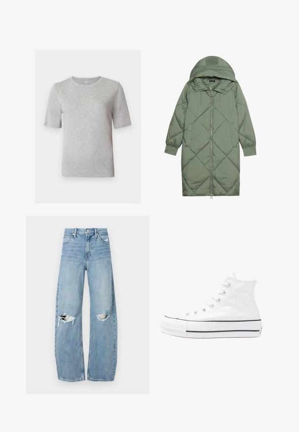 Quiltet lang grønn pufferjakke med hette, med en frontglidelås og to sidelommer. Teksturerte diamantmønster overalt.; Grå kortermet t-skjorte laget av myk stoff. Har rund hals og en avslappet passform. Enkelt design uten mønstre eller accenter.; Lyseblå høytlivsjeans laget av denim. Har vide bein, to revne knær og klassisk fem-lommers design.; Hvit høy-skinn kanvas sneakers med svart gummisåle, gummitåhette foran og seks hull for snorer, med et rent, minimalistisk design.