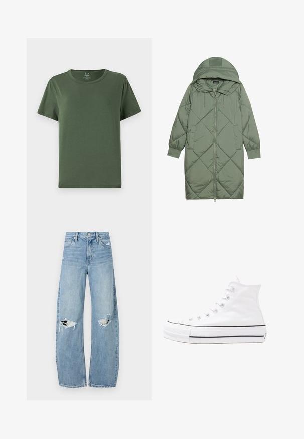 Abrigo acolchado largo verde tipo puffer con capucha, que presenta un cierre frontal con cremallera y dos bolsillos laterales. Patrón de diamantes texturizado en toda su superficie.; Camiseta de algodón verde con mangas cortas, cuello redondo y un corte relajado. Presenta un dobladillo recto y un diseño minimalista.; Vaqueros de mezclilla de tiro alto en azul claro. Tienen piernas anchas, dos áreas desgastadas en las rodillas y un estilo clásico de cinco bolsillos.; Zapatilla de lona alta blanca con suela de goma negra, puntera de goma frontal y seis ojetes para los cordones, que presenta un diseño limpio y minimalista.