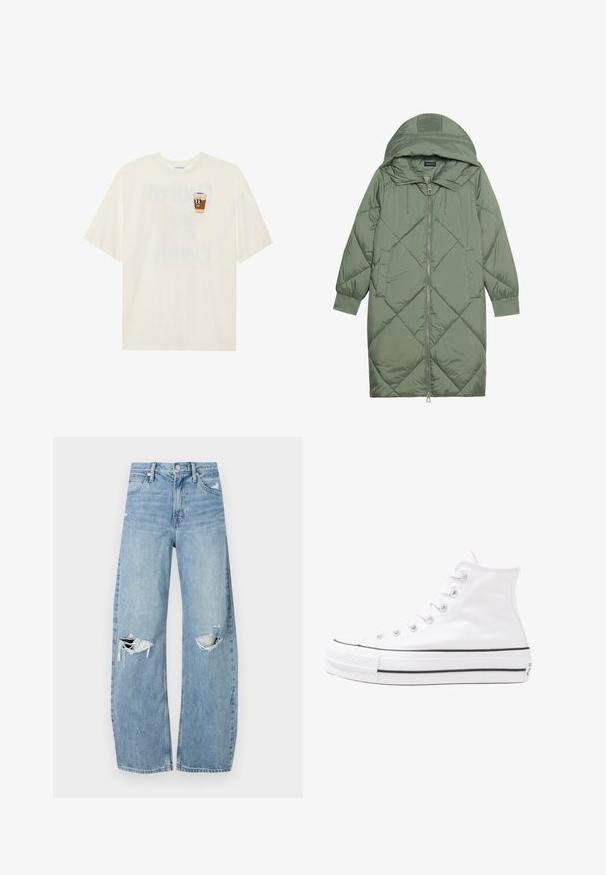 Quilted long green puffer coat with a hood, featuring a front zipper closure and two side pockets. Textured diamond pattern throughout.; Cream-colored cotton t-shirt with short sleeves, featuring a graphic of a smiling coffee cup on the left chest. Simple, relaxed fit.; Light blue, high-waisted jeans made of denim. Feature wide legs, two torn knee areas, and classic five-pocket styling.; White high-top canvas sneaker with black rubber sole, front rubber toe cap, and six eyelets for laces, featuring a clean, minimalist design.