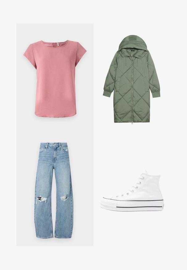 Abrigo acolchado largo verde tipo puffer con capucha, que presenta un cierre frontal con cremallera y dos bolsillos laterales. Patrón de diamantes texturizado en toda su superficie.; Top rosa de manga corta con una textura suave, escote redondo y detalle de cremallera en la parte de atrás. Presenta un corte holgado y dobladillo curvado.; Vaqueros de mezclilla de tiro alto en azul claro. Tienen piernas anchas, dos áreas desgastadas en las rodillas y un estilo clásico de cinco bolsillos.; Zapatilla de lona alta blanca con suela de goma negra, puntera de goma frontal y seis ojetes para los cordones, que presenta un diseño limpio y minimalista.