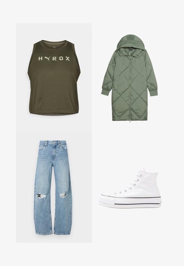 Prošívaný dlouhý zelený péřový kabát s kapucí, který má přední zip a dvě boční kapsy. Po celém povrchu je texturovaný diamantový vzor.; Olivově zelený bezrukávový crop top s logem "HYROX" v světlé barvě, vyrobený z hladké tkaniny s kulatým výstřihem a mírně volným střihem.; Světle modré džíny s vysokým pasem vyrobené z denimu. Mají široké nohavice, dvě roztržené oblasti na kolenou a klasický pětikapsový střih.; Bílé vysoké plátěné tenisky s černou gumovou podrážkou, přední gumovou špičkou a šesti očky na tkaničky, se čistým, minimalistickým designem.