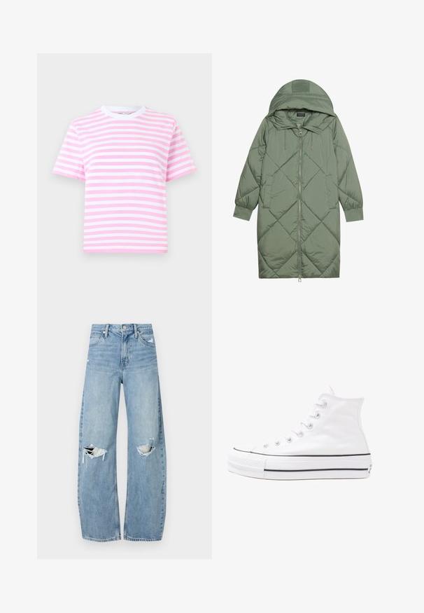 Pistetud pikk roheline puffermantel kapuutsiga, esiküljel tõmblukuga ja kahe küljetaskuga. Kogu pinnal on struktureeritud rombikujundus.; Lühikeste varrukatega lühike T-särk roosa ja valgete vertikaalsete triipudega, pehmest kangast, ümmarguse valge kaelusega.; Heledad hallideega sinised teksad, millel on kõrge talje. Teksade jalgadel on lai alus, kaks rebitud kohta põlvede ümber ning klassikaline viie tasku stiil.; Valge kõrgem kangast tenniseking, millel on must kummist tald, ees kummist varvasetugi ja kuus aukku paelte jaoks, pakkudes puhta ja minimalistliku disaini.