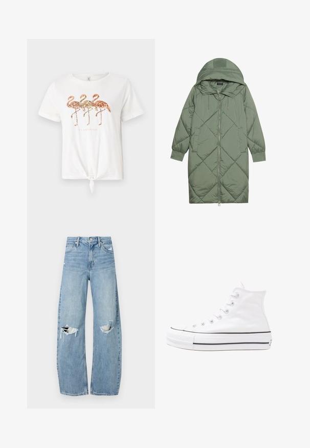 Cappotto lungo imbottito verde con un cappuccio, caratterizzato da una chiusura frontale a zip e due tasche laterali. Motivo a rombi testurizzati su tutta la superficie.; T-shirt bianco in cotone con tre fenicotteri in paillettes dorate, rosa oro e pesca. Dettaglio con nodo sul bordo. Maniche corte.; Jeans azzurri chiari a vita alta realizzati in denim. Presentano gambe larghe, due aree strappate sulle ginocchia e il classico styling a cinque tasche.; Sneaker alta in tela bianca con suola in gomma nera, punta in gomma frontale e sei asole per i lacci, caratterizzata da un design pulito e minimalista.