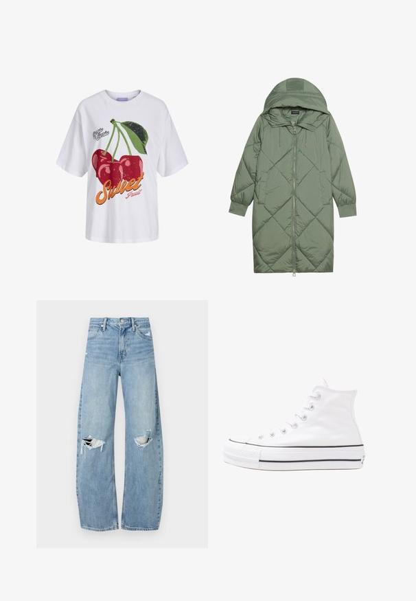 Κοντό πράσινο πούπερ μπουφάν με κουκούλα, διαθέτοντας κεντρικό φερμουάρ και δύο πλαϊνές τσέπες. Υφασμάτινο σχέδιο με ρόμβους σε όλη την επιφάνεια.; Λευκό μπλουζάκι με γραφικό σχέδιο που απεικονίζει κόκκινες κερασώνες με πράσινα φύλλα και το κείμενο "Γλυκό Φρούτο" σε πορτοκαλί και ροζ χρώμα. Κατασκευασμένο από βαμβάκι, με άνετη εφαρμογή.; Ανοιχτόμπλε, ψηλόμεσα τζιν φτιαγμένα από τζιν ύφασμα. Διαθέτουν φαρδιές καμπάνες, δύο σκισμένα γόνατα και κλασικό στιλ πέντε τσεπών.; Λευκό ψηλό καμβαδάκι αθλητικό παπούτσι με μαύρη καουτσούκ σόλα, πρόσθιο καουτσούκ καλύμματος δακτύλου και έξι οπές για κορδόνια, με μια καθαρή και μίνιμαλ σχεδίαση.