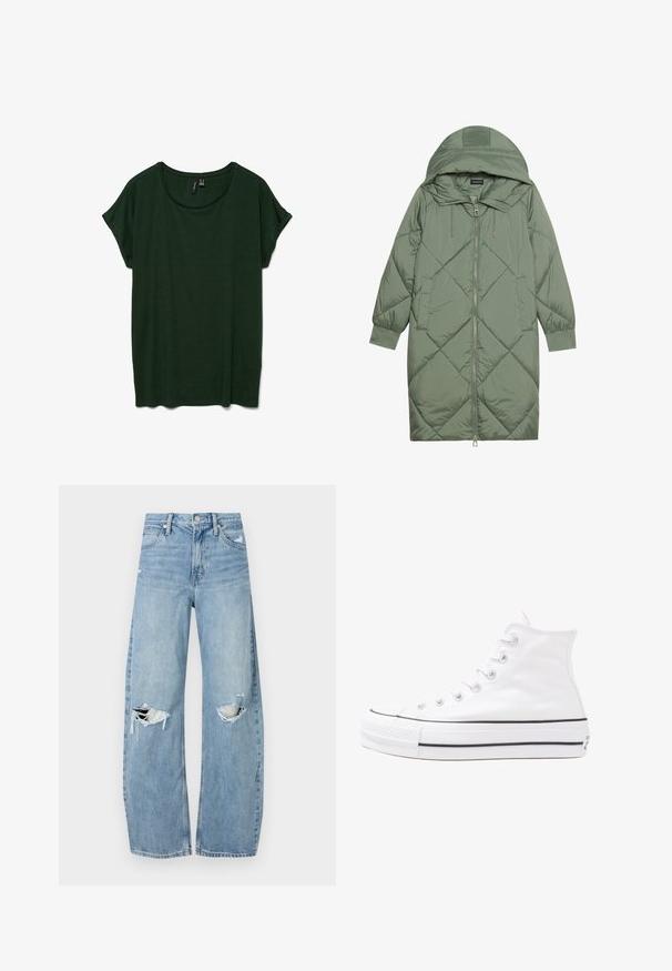 Gequiltede lange groene pufferjas met een capuchon, met een ritssluiting aan de voorkant en twee zijzakken. Gelaagd ruitpatroon overal.; Donkergroene T-shirt met korte mouwen, een ronde hals en een relaxed fit. Zachte textuur, geen zichtbare patronen of hardware.; Lichtblauwe, hooggeritste jeans van denim. Beschikken over wijde pijpen, twee gescheurde knievalken en klassieke vijfzakken styling.; Witte high-top canvas sneakers met een zwarte rubberen zool, een rubberen neuskap aan de voorkant en zes gaatjes voor veters, met een schone, minimalistische uitstraling.