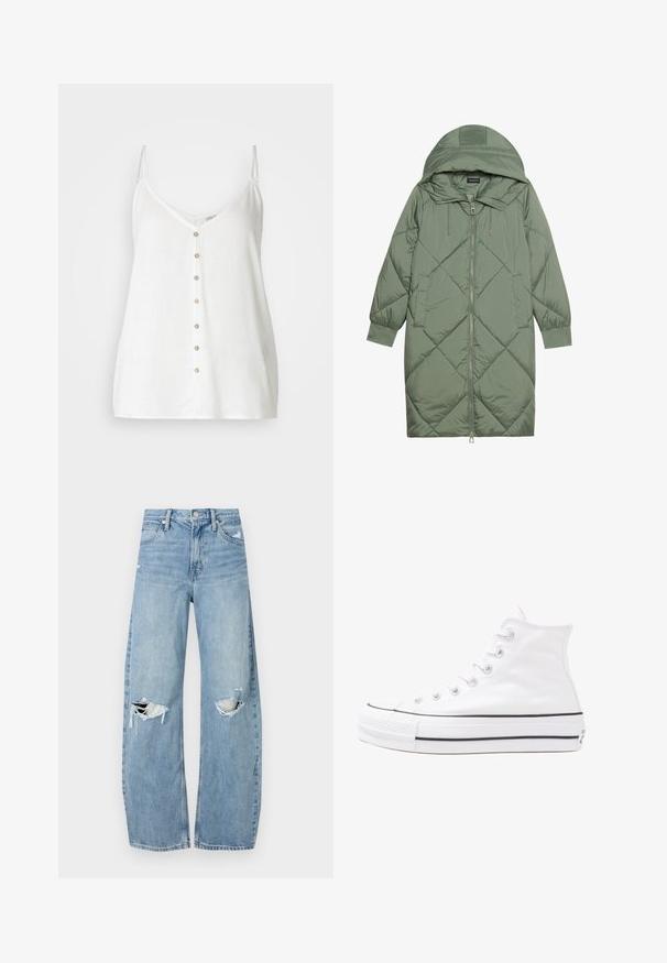 Cappotto lungo imbottito verde con un cappuccio, caratterizzato da una chiusura frontale a zip e due tasche laterali. Motivo a rombi testurizzati su tutta la superficie.; ONLY ONLASTRID SINGLET - Top - cloud dancer; Jeans azzurri chiari a vita alta realizzati in denim. Presentano gambe larghe, due aree strappate sulle ginocchia e il classico styling a cinque tasche.; Sneaker alta in tela bianca con suola in gomma nera, punta in gomma frontale e sei asole per i lacci, caratterizzata da un design pulito e minimalista.