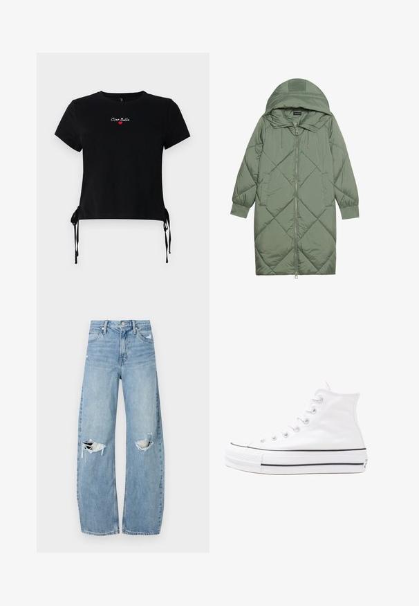 Cappotto lungo imbottito verde con un cappuccio, caratterizzato da una chiusura frontale a zip e due tasche laterali. Motivo a rombi testurizzati su tutta la superficie.; T-shirt nero in cotone a maniche corte con "Ciao Bella" ricamato in bianco e rosso. Lacci laterali per una vestibilità regolabile all'orlo.; Jeans azzurri chiari a vita alta realizzati in denim. Presentano gambe larghe, due aree strappate sulle ginocchia e il classico styling a cinque tasche.; Sneaker alta in tela bianca con suola in gomma nera, punta in gomma frontale e sei asole per i lacci, caratterizzata da un design pulito e minimalista.