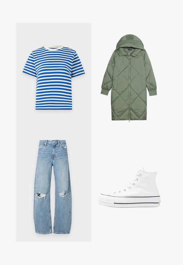 Gesteppten langer grüner Daunenmantel mit Kapuze, mit einem Reißverschluss vorne und zwei Seitentaschen. Strukturiertes Rautenmuster auf der gesamten Fläche.; Blau-weiß gestreiftes T-Shirt, kurze Ärmel, runder Halsausschnitt, aus Baumwolle, mit gleichmäßigen horizontalen Streifen und weicher Textur.; Helles, hochtailliertes Jeans aus Denim. Hat weit geschnittene Beine, zwei aufgerissene Kniebereiche und klassischen Fünf-Taschen-Stil.; Weiße hochwertige Leinensneaker mit schwarzer Gummisohle, vorderem Gummizehenschutz und sechs Ösen für Schnürsenkel, die ein sauberes, minimalistisches Design aufweisen.