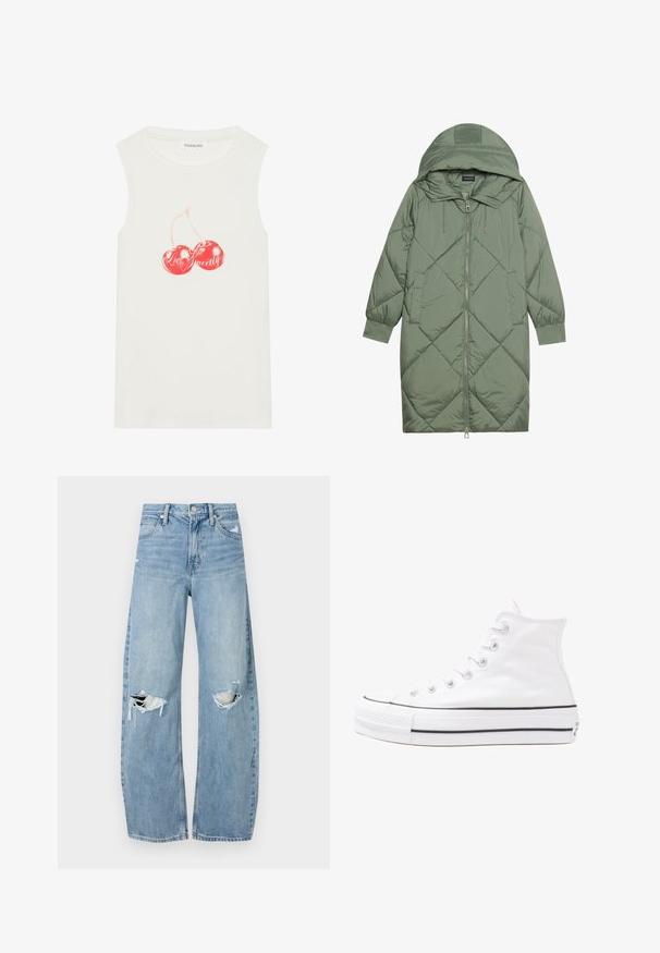 Cappotto lungo imbottito verde con un cappuccio, caratterizzato da una chiusura frontale a zip e due tasche laterali. Motivo a rombi testurizzati su tutta la superficie.; Top bianco senza maniche realizzato in cotone con una trama a coste, decorato con una grafica di una ciliegia rossa e la scritta "Love Sweet."; Jeans azzurri chiari a vita alta realizzati in denim. Presentano gambe larghe, due aree strappate sulle ginocchia e il classico styling a cinque tasche.; Sneaker alta in tela bianca con suola in gomma nera, punta in gomma frontale e sei asole per i lacci, caratterizzata da un design pulito e minimalista.