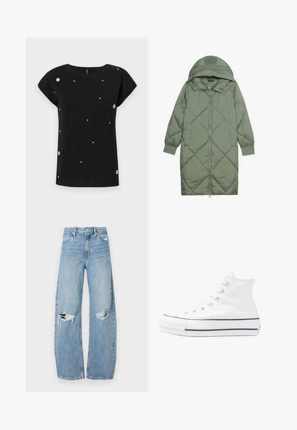 Pistetud pikk roheline puffermantel kapuutsiga, esiküljel tõmblukuga ja kahe küljetaskuga. Kogu pinnal on struktureeritud rombikujundus.; Must küllaste t-särk, mis on valmistatud puuvillast ja millel on ümmargune kaelus. Kaunistatud hajutatud valehelmestega ja lilleaktsendiga vasakul küljel.; Heledad hallideega sinised teksad, millel on kõrge talje. Teksade jalgadel on lai alus, kaks rebitud kohta põlvede ümber ning klassikaline viie tasku stiil.; Valge kõrgem kangast tenniseking, millel on must kummist tald, ees kummist varvasetugi ja kuus aukku paelte jaoks, pakkudes puhta ja minimalistliku disaini.