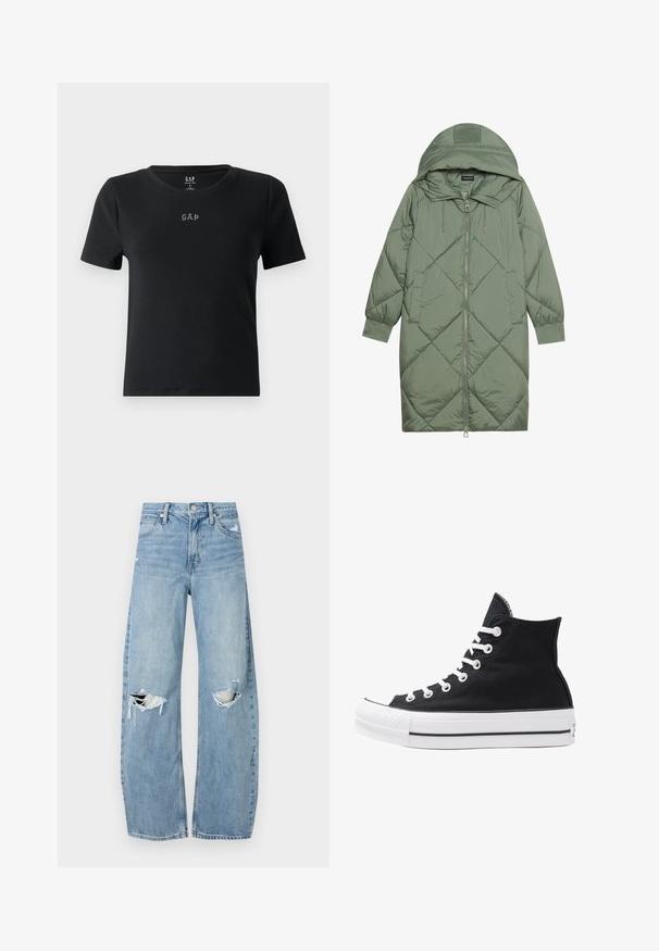 Puchowy, długi, zielony płaszcz z kapturem, z zamkiem błyskawicznym z przodu i dwoma bocznymi kieszeniami. Całość pokryta fakturowanym wzorem diamentowym.; Czarny t-shirt z krótkim rękawem wykonany z prążkowanej tkaniny, z okrągłym dekoltem i małym haftowanym logo "GAP" na piersi.; Jasnoniebieskie, wysokiej talii dżinsy wykonane z denimu. Posiadają szerokie nogawki, dwa podarte miejsca na kolanach oraz klasyczne pięć kieszeni.; Czarny wysokopodbiciowy sneaker z płótna, z białymi oczkami, sznurówkami i gumową podeszwą. Posiada teksturowany czubek oraz czarno-białe paski.