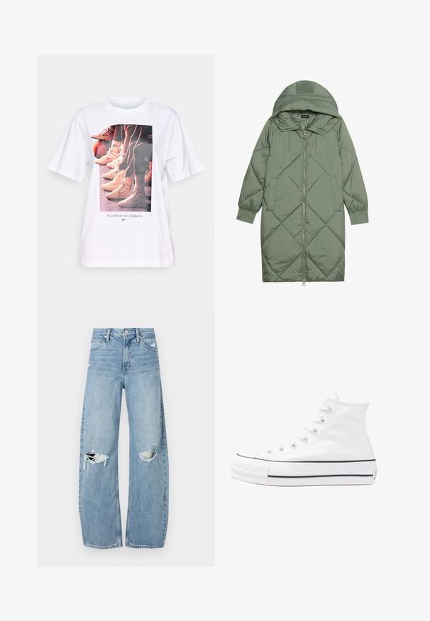 Abrigo acolchado largo verde tipo puffer con capucha, que presenta un cierre frontal con cremallera y dos bolsillos laterales. Patrón de diamantes texturizado en toda su superficie.; Camiseta blanca con un estampado gráfico de zapatillas de baloncesto y el texto "Es un juego completamente nuevo" en azul, cuello redondo, mangas cortas.; Vaqueros de mezclilla de tiro alto en azul claro. Tienen piernas anchas, dos áreas desgastadas en las rodillas y un estilo clásico de cinco bolsillos.; Zapatilla de lona alta blanca con suela de goma negra, puntera de goma frontal y seis ojetes para los cordones, que presenta un diseño limpio y minimalista.