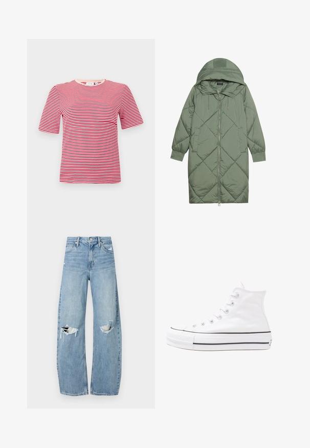 Casaco puffer longo verde acolchoado com capuz, apresentando um fecho frontal com zíper e dois bolsos laterais. Padrão texturizado em forma de diamante por todo o casaco.; T-shirt de manga curta com riscas vermelhas e brancas, feita de tecido canelado e com decote redondo. Design minimalista, forma ajustada, sem acentos notáveis.; Jeans de lavagem clara, de cintura alta, feitos de denim. Apresentam pernas largas, duas áreas rasgadas nos joelhos e o estilo clássico de cinco bolsos.; Sapatilha alta de tela branca com sola de borracha preta, bico de borracha na frente e seis ilhós para os atacadores, apresentando um design limpo e minimalista.