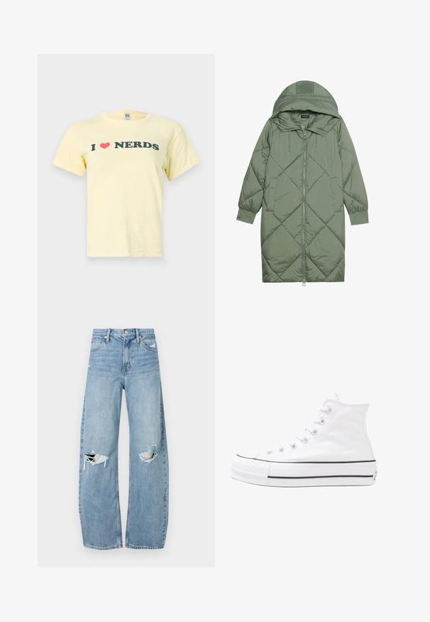 Quiltet lang grønn pufferjakke med hette, med en frontglidelås og to sidelommer. Teksturerte diamantmønster overalt.; BDG Urban Outfitters BABY TEE - T-shirts med print - yellow; Lyseblå høytlivsjeans laget av denim. Har vide bein, to revne knær og klassisk fem-lommers design.; Hvit høy-skinn kanvas sneakers med svart gummisåle, gummitåhette foran og seks hull for snorer, med et rent, minimalistisk design.
