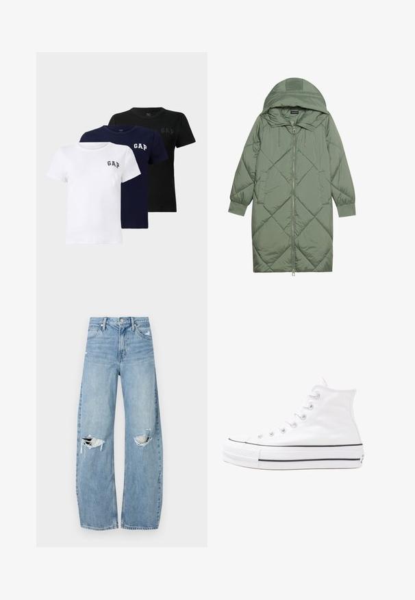 Izšūts garš zaļš pūšļa mētelis ar kapuci, ar priekšējo rāvējslēdzēju un divām sānu kabatām. Visā virsmā ir teksturēta dimanta raksts.; Triju īsām piedurknēm T-kreklu komplekts baltā, tumši zilā un melnā krāsā. Katrs t-krekls ir ar mazu "GAP" logo kreisajā krūtīs, izgatavots no mīksta kokvilnas auduma.; Gaiši zili, augstās vidukļa džinsi, kas izgatavoti no denima. Iespējas plašas kājas, divas plēstas ceļa daļas un klasiskā piecu kabatu dizains.; Balti augstie kanvas sporta apavi ar melnu gumijas zoli, priekšējo gumijas purngalu un sešām acīm lencēm, kuriem ir tīrs, minimālistisks dizains.