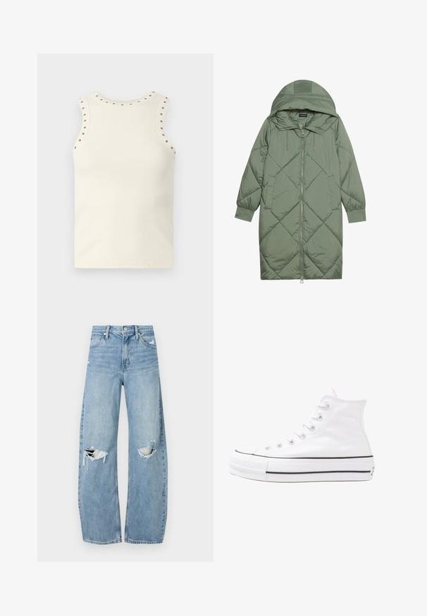Manteau matelassé long vert avec capuche, doté d'une fermeture éclair à l'avant et de deux poches latérales. Motif en losanges texturé sur toute sa surface.; ONLY ONLJEAN STUD TANK - Débardeur - cloud dancer; Jeans en denim bleu clair à taille haute. Présentent des jambes larges, deux zones déchirées aux genoux et un style classique à cinq poches.; Baskets montantes en toile blanche avec semelle en caoutchouc noir, capuchon en caoutchouc à l'avant, et six œillets pour les lacets, présentant un design épuré et minimaliste.