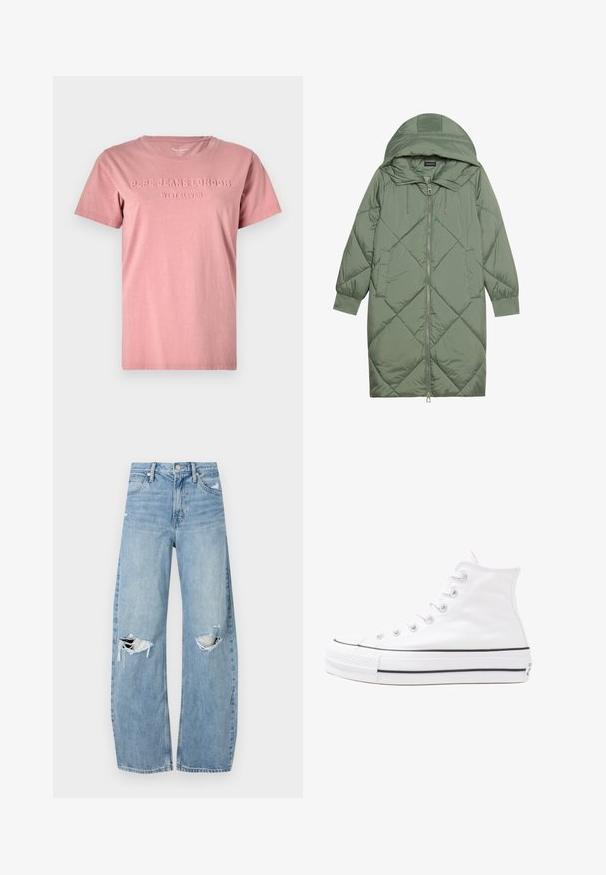 Izšūts garš zaļš pūšļa mētelis ar kapuci, ar priekšējo rāvējslēdzēju un divām sānu kabatām. Visā virsmā ir teksturēta dimanta raksts.; Rozā kokvilnas T-kreklis ar apaļu kakla izgriezumu un īsām piedurknēm. Uz priekšpuses ir izceltas uzraksts "PEPE JEANS LONDON WEST ELEVEN".; Gaiši zili, augstās vidukļa džinsi, kas izgatavoti no denima. Iespējas plašas kājas, divas plēstas ceļa daļas un klasiskā piecu kabatu dizains.; Balti augstie kanvas sporta apavi ar melnu gumijas zoli, priekšējo gumijas purngalu un sešām acīm lencēm, kuriem ir tīrs, minimālistisks dizains.