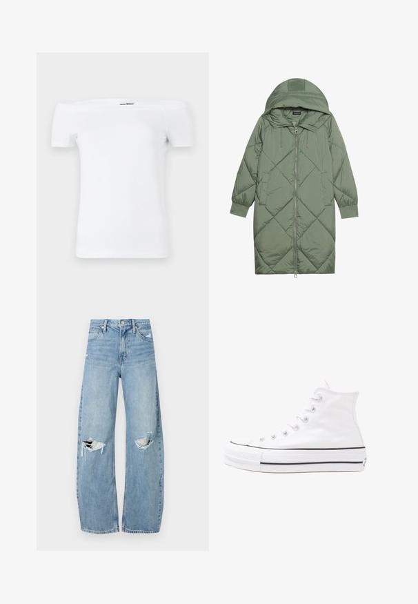 Puchowy, długi, zielony płaszcz z kapturem, z zamkiem błyskawicznym z przodu i dwoma bocznymi kieszeniami. Całość pokryta fakturowanym wzorem diamentowym.; Biała, bluzka z odkrytymi ramionami, krótki rękaw, wykonana z miękkiego materiału bawełnianego, charakteryzująca się dopasowanym krojem i prostym dołem.; Jasnoniebieskie, wysokiej talii dżinsy wykonane z denimu. Posiadają szerokie nogawki, dwa podarte miejsca na kolanach oraz klasyczne pięć kieszeni.; Białe wysokie trampki z płótna z czarną gumową podeszwą, przednim czubkiem z gumy i sześcioma dziurkami na sznurowadła, charakteryzujące się prostym, minimalistycznym designem.