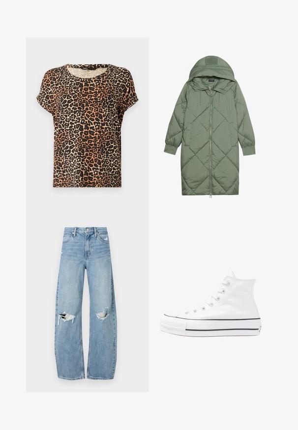 Quiltet lang grønn pufferjakke med hette, med en frontglidelås og to sidelommer. Teksturerte diamantmønster overalt.; Løveflekket kortermet t-skjorte i nyanser av oransje, svart og krem. Rund halslinje og myk tekstur.; Lyseblå høytlivsjeans laget av denim. Har vide bein, to revne knær og klassisk fem-lommers design.; Hvit høy-skinn kanvas sneakers med svart gummisåle, gummitåhette foran og seks hull for snorer, med et rent, minimalistisk design.