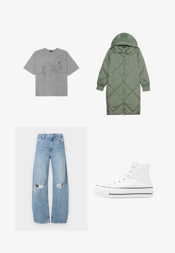 Cele nouă pictate în verde închis, din material pufos, cu glugă, care dispune de închidere cu fermoar frontal și două buzunare laterale. Model texturat cu un model în diamant pe întreaga suprafață.; Tricou gri din bumbac cu mâneci scurte, având artă minimalistică în linii negre ale două fețe pe față, guler rotund și croială lejeră.; Jeans de denim, de un bleu deschis, cu talie înaltă. Au picioare late, două zone rupte la genunchi și un stil clasic cu cinci buzunare.; Adidași albi tip pantofi sport cu glezna din pânză, cu talpă din cauciuc negru, capac de vârf din cauciuc frontal și șase ochiuri pentru șireturi, având un design curat și minimalist.