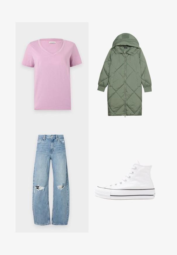 Quiltet lang grøn pufferjakke med hætte, med frontlynlås og to sidelommer. Teksturret diamantmønster over det hele.; Kortærmet lavendel V-hals t-shirt lavet af blødt stof, med en glat tekstur og et simpelt design uden mønstre eller udsmykninger.; Lysblå, højtraljede jeans lavet af denim. Har brede ben, to huller ved knæene og klassisk fem-lommes stil.; Hvide høje kanvas sneakers med sort gummisål, gummitåhætte foran og seks øjehuller til snørebånd, der har et rent, minimalistisk design.