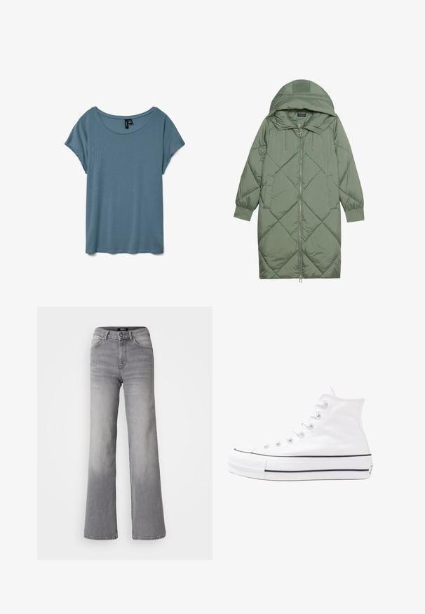 Gequiltede lange groene pufferjas met een capuchon, met een ritssluiting aan de voorkant en twee zijzakken. Gelaagd ruitpatroon overal.; T-shirt met scoop neckline en korte mouwen in een gedempte blauwe kleur. Gemaakt van zachte, lichte stof met een gladde textuur en een ontspannen pasvorm.; Grijs denim jeans met hoge taille en rechte pijpen, voorzien van een knoop en ritssluiting aan de voorkant, voor- en achterzakken, en een vervaagde schaduw op de dijen en kuiten.; Witte high-top canvas sneakers met een zwarte rubberen zool, een rubberen neuskap aan de voorkant en zes gaatjes voor veters, met een schone, minimalistische uitstraling.