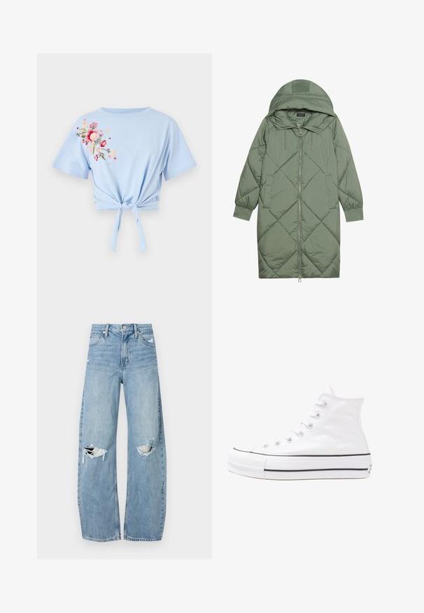 Prošívaný dlouhý zelený péřový kabát s kapucí, který má přední zip a dvě boční kapsy. Po celém povrchu je texturovaný diamantový vzor.; Světle modré zkrácené tričko s kulatým výstřihem a krátkými rukávy, zdobené květinovou výšivkou v růžové a žluté na levé straně a s detailem uvázaného uzlu.; Světle modré džíny s vysokým pasem vyrobené z denimu. Mají široké nohavice, dvě roztržené oblasti na kolenou a klasický pětikapsový střih.; Bílé vysoké plátěné tenisky s černou gumovou podrážkou, přední gumovou špičkou a šesti očky na tkaničky, se čistým, minimalistickým designem.