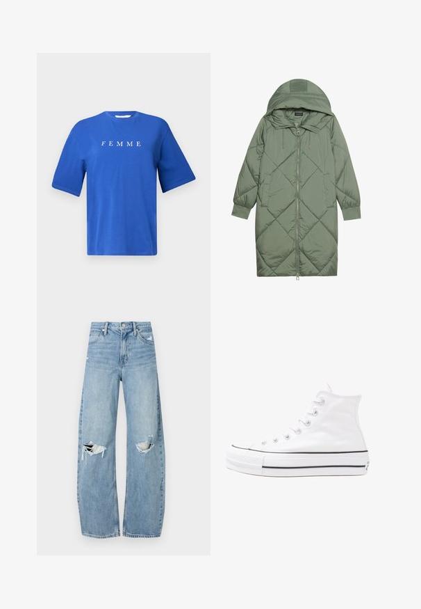 Quiltuotas ilgas žalias pūkinis paltas su kapuce, turintis priekinį užtrauktuką ir dvi šonines kišenes. Visame paviršiuje yra tekstūrinis rombų raštas.; Mėlynas medvilninis marškinėlis su apvaliu kaklu, trumpomis rankovėmis ir žodžiu "FEMME" balta spalva spausdintu ant krūtinės. Lygi tekstūra, laisvas siluetas.; Šviesiai mėlynos, aukštu juosmeniu džinsai pagaminti iš džinsinio audinio. Turi plačias kojų kelnes, dvi suplėšytas kelio vietas ir klasikinį penkių kišenių dizainą.; Balti aukštakulniai drobės sportbačiai su juodu guminio pado, priekinio guminio piršto dangteliu ir šešiais akytėmis raištams, pasižymintys švariu, minimalistiniu dizainu.