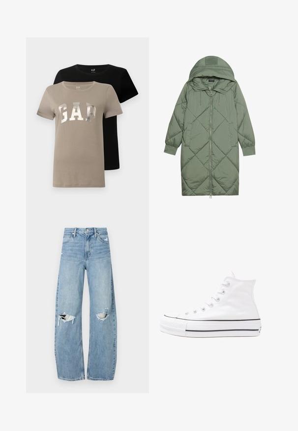 Quiltet lang grønn pufferjakke med hette, med en frontglidelås og to sidelommer. Teksturerte diamantmønster overalt.; To kortermede T-skjorter med rundhals, en beige med "GAP" i store sølvfarger og en ensfarget svart, vist overlappende.; Lyseblå høytlivsjeans laget av denim. Har vide bein, to revne knær og klassisk fem-lommers design.; Hvit høy-skinn kanvas sneakers med svart gummisåle, gummitåhette foran og seks hull for snorer, med et rent, minimalistisk design.