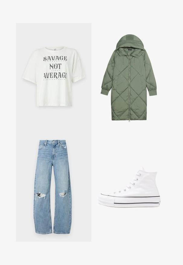 Quilted long green puffer coat with a hood, featuring a front zipper closure and two side pockets. Textured diamond pattern throughout.; White, short-sleeve T-shirt made of cotton with a relaxed fit. Features bold black text "SAVAGE NOT AVERAGE." No patterns or additional details.; Light blue, high-waisted jeans made of denim. Feature wide legs, two torn knee areas, and classic five-pocket styling.; White high-top canvas sneaker with black rubber sole, front rubber toe cap, and six eyelets for laces, featuring a clean, minimalist design.