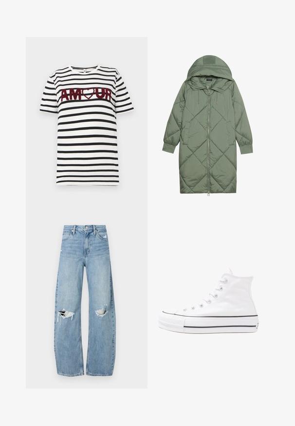 Quiltet lang grønn pufferjakke med hette, med en frontglidelås og to sidelommer. Teksturerte diamantmønster overalt.; Hvit t-skjorte med svart horisontale striper. Har burgunder brodert tekst "AMOUR" med et hjerte symbol i midten. Korte ermer.; Lyseblå høytlivsjeans laget av denim. Har vide bein, to revne knær og klassisk fem-lommers design.; Hvit høy-skinn kanvas sneakers med svart gummisåle, gummitåhette foran og seks hull for snorer, med et rent, minimalistisk design.