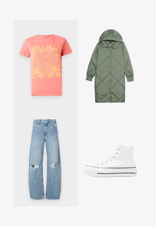 Steppelt, hosszú zöld pufikabát kapucnival, elöl cipzáras záródással és két oldalsó zsebből áll. Az anyagon teljes hosszában váltakozó gyémántmintázat található.; Korall színű, rövid ujjú póló, sárga grafikai díszítéssel, nap, hullámok és virágos elemek motívumával. 100%-ban pamutból készült. Klasszikus szabású.; Világoskék, magas derekú farmernadrág. Széles lábakkal, két szakadt térddel és klasszikus öt zsebes dizájnnal rendelkezik.; Fehér magaskorsó vászon sportcipő fekete gumi talppal, elülső gumi orrnyereggel és hat fűzőlyukkal, letisztult, minimalista dizájnnal.