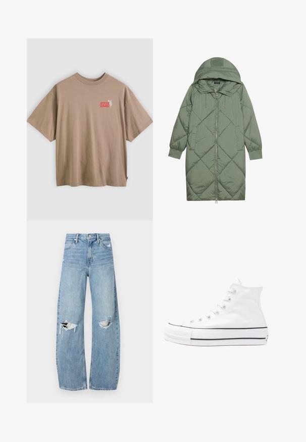 Quilted long green puffer coat with a hood, featuring a front zipper closure and two side pockets. Textured diamond pattern throughout.; Beige cotton t-shirt with short sleeves and a crew neck. Features a small red and white printed Levi's logo and cactus design on the chest.; Light blue, high-waisted jeans made of denim. Feature wide legs, two torn knee areas, and classic five-pocket styling.; White high-top canvas sneaker with black rubber sole, front rubber toe cap, and six eyelets for laces, featuring a clean, minimalist design.