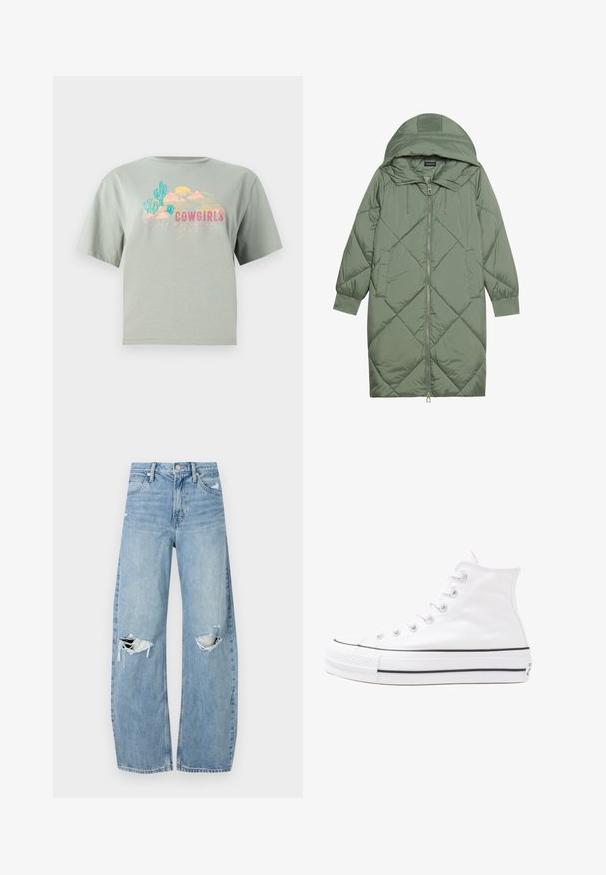 Cappotto lungo imbottito verde con un cappuccio, caratterizzato da una chiusura frontale a zip e due tasche laterali. Motivo a rombi testurizzati su tutta la superficie.; T-shirt in cotone verde chiaro con maniche corte, caratterizzato da una stampa grafica colorata che include cactus, montagne e la parola "COWGIRLS."; Jeans azzurri chiari a vita alta realizzati in denim. Presentano gambe larghe, due aree strappate sulle ginocchia e il classico styling a cinque tasche.; Sneaker alta in tela bianca con suola in gomma nera, punta in gomma frontale e sei asole per i lacci, caratterizzata da un design pulito e minimalista.