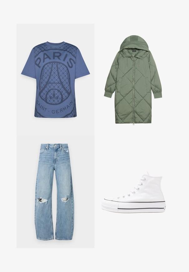 Quilted long green puffer coat with a hood, featuring a front zipper closure and two side pockets. Textured diamond pattern throughout.; Blue cotton t-shirt featuring a textured graphic design with "PARIS" and "SAINT-GERMAIN" text, round neckline, and short sleeves.; Light blue, high-waisted jeans made of denim. Feature wide legs, two torn knee areas, and classic five-pocket styling.; White high-top canvas sneaker with black rubber sole, front rubber toe cap, and six eyelets for laces, featuring a clean, minimalist design.