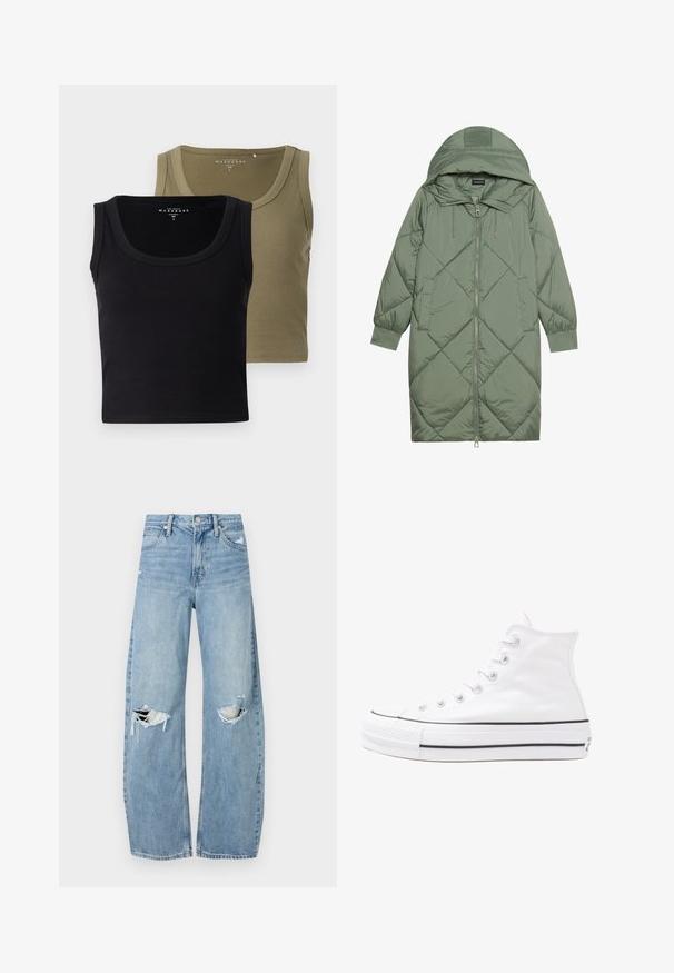 Pistetud pikk roheline puffermantel kapuutsiga, esiküljel tõmblukuga ja kahe küljetaskuga. Kogu pinnal on struktureeritud rombikujundus.; Mustard ja oliivrohelised soonilised lõhikuplid laia rihmaga ja ümmarguse kaelusega, pehme tekstuuri ja keha lähedase disainiga.; Heledad hallideega sinised teksad, millel on kõrge talje. Teksade jalgadel on lai alus, kaks rebitud kohta põlvede ümber ning klassikaline viie tasku stiil.; Valge kõrgem kangast tenniseking, millel on must kummist tald, ees kummist varvasetugi ja kuus aukku paelte jaoks, pakkudes puhta ja minimalistliku disaini.