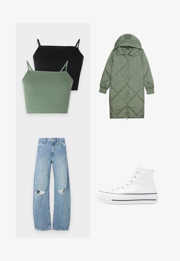 Prošívaný dlouhý zelený péřový kabát s kapucí, který má přední zip a dvě boční kapsy. Po celém povrchu je texturovaný diamantový vzor.; Dvě žebrované tílka: jedno černé a jedno šalvějově zelené, s tenkými nastavitelnými ramínky a přiléhavým střihem.; Světle modré džíny s vysokým pasem vyrobené z denimu. Mají široké nohavice, dvě roztržené oblasti na kolenou a klasický pětikapsový střih.; Bílé vysoké plátěné tenisky s černou gumovou podrážkou, přední gumovou špičkou a šesti očky na tkaničky, se čistým, minimalistickým designem.