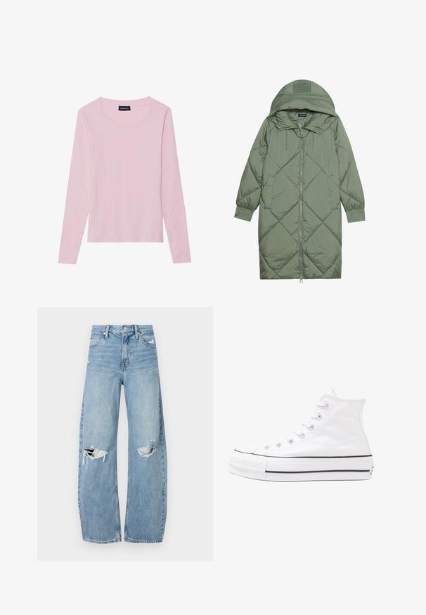 Quiltet lang grønn pufferjakke med hette, med en frontglidelås og to sidelommer. Teksturerte diamantmønster overalt.; Lys rosa langermet ribbet topp med rund hals og fitted silhuett. Laget av myk, teksturert stoff. Minimalistisk design, ingen mønstre.; Lyseblå høytlivsjeans laget av denim. Har vide bein, to revne knær og klassisk fem-lommers design.; Hvit høy-skinn kanvas sneakers med svart gummisåle, gummitåhette foran og seks hull for snorer, med et rent, minimalistisk design.