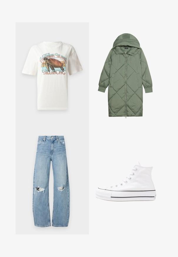 Izšūts garš zaļš pūšļa mētelis ar kapuci, ar priekšējo rāvējslēdzēju un divām sānu kabatām. Visā virsmā ir teksturēta dimanta raksts.; Balts kokvilnas T-krekls ar grafisku dizainu, kurā attēlots bruņurupuča un kalnu attēlojums, kopā ar tekstu "Apciemo Havaju salas Billabong" krāsainā fontā.; Gaiši zili, augstās vidukļa džinsi, kas izgatavoti no denima. Iespējas plašas kājas, divas plēstas ceļa daļas un klasiskā piecu kabatu dizains.; Balti augstie kanvas sporta apavi ar melnu gumijas zoli, priekšējo gumijas purngalu un sešām acīm lencēm, kuriem ir tīrs, minimālistisks dizains.