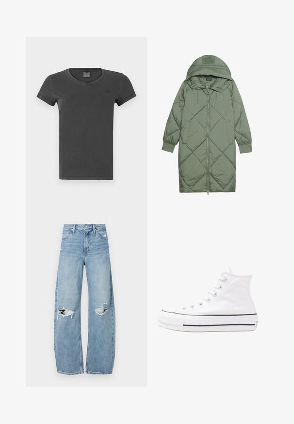 Quilted long green puffer coat with a hood, featuring a front zipper closure and two side pockets. Textured diamond pattern throughout.; Dark gray V-neck T-shirt made from soft fabric. Features short sleeves and a small logo on the chest. Simple design with minimal detailing.; Light blue, high-waisted jeans made of denim. Feature wide legs, two torn knee areas, and classic five-pocket styling.; White high-top canvas sneaker with black rubber sole, front rubber toe cap, and six eyelets for laces, featuring a clean, minimalist design.